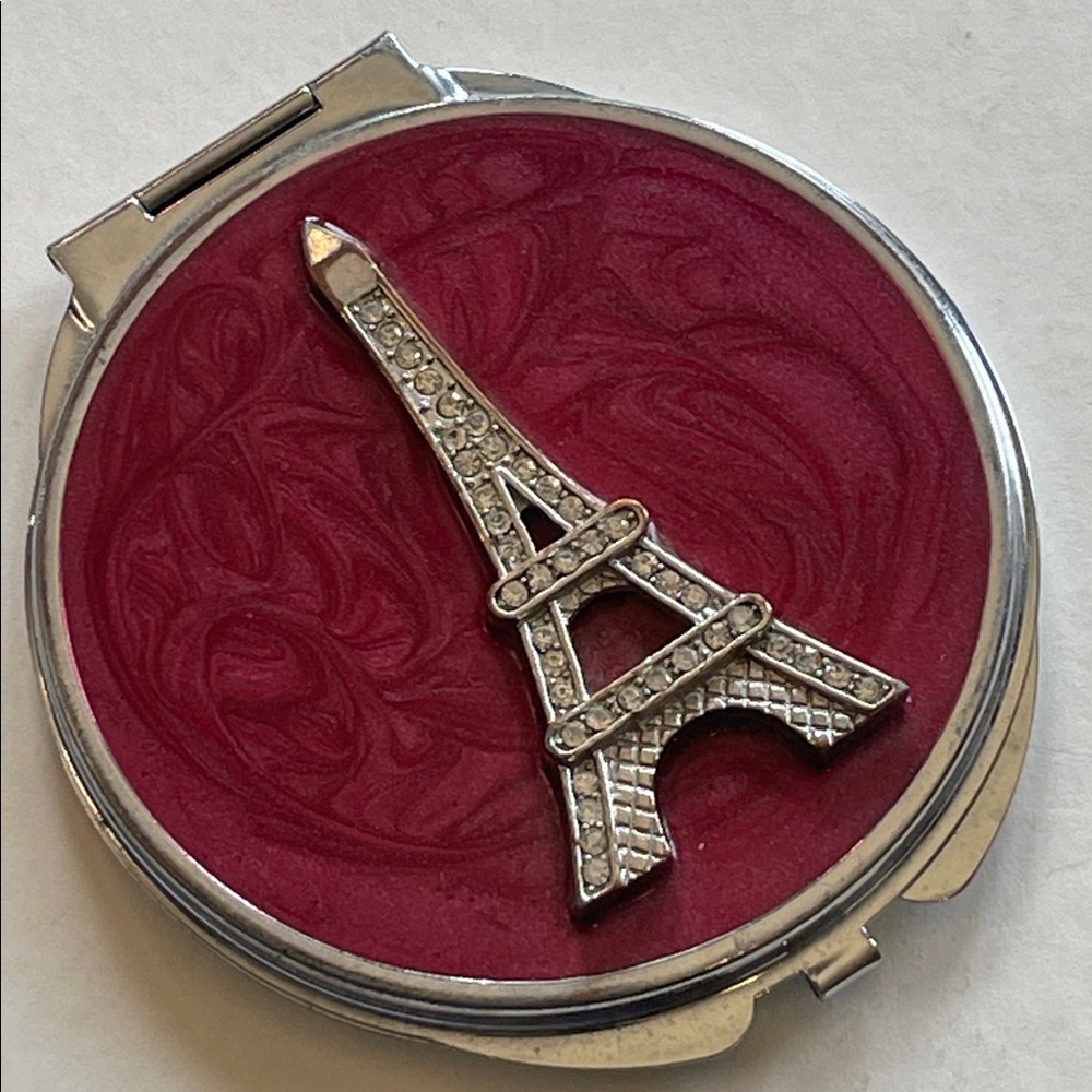 Eiffel Tower Marbled Red Enamel Pocket Mirror Compact